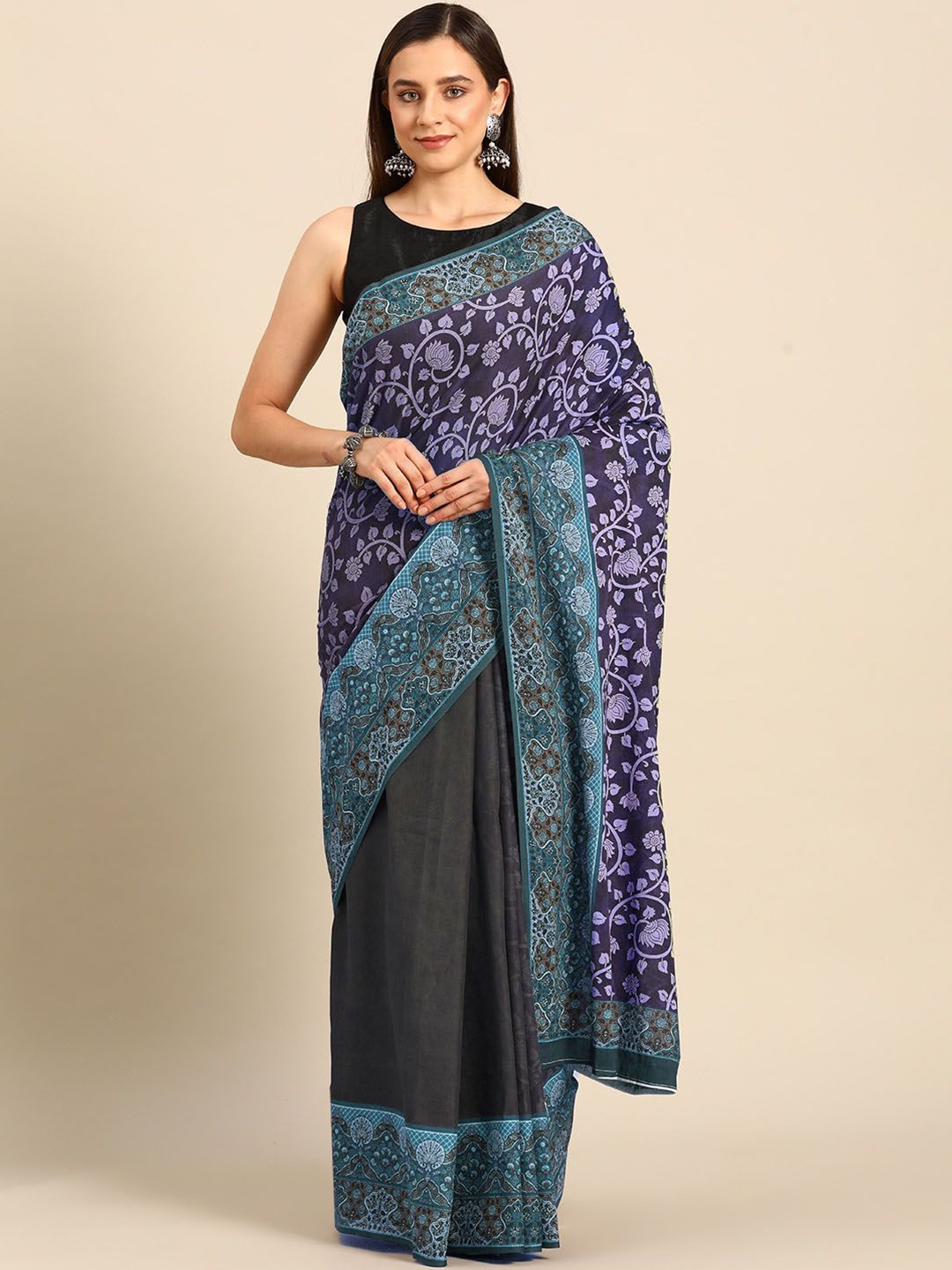 

BUTA BUTI Floral Printed Pure Cotton Saree, Grey