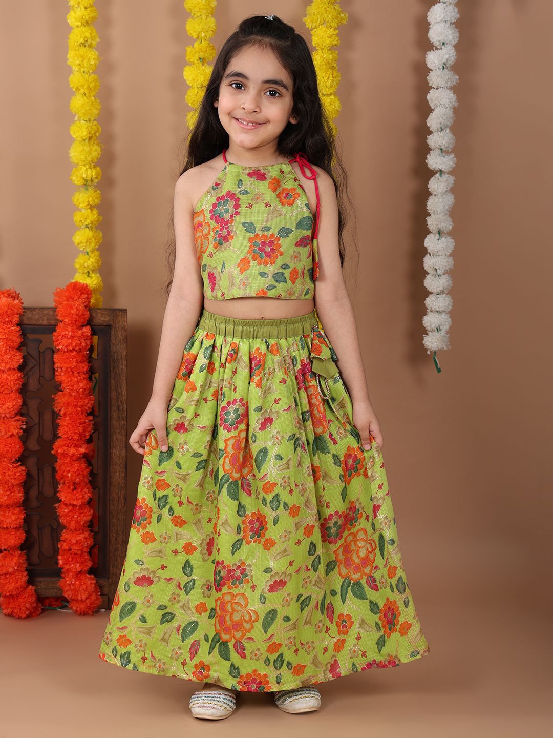 

Here&Now X Kinder Kids Girls Printed Ready to Wear Lehenga & Blouse, Green