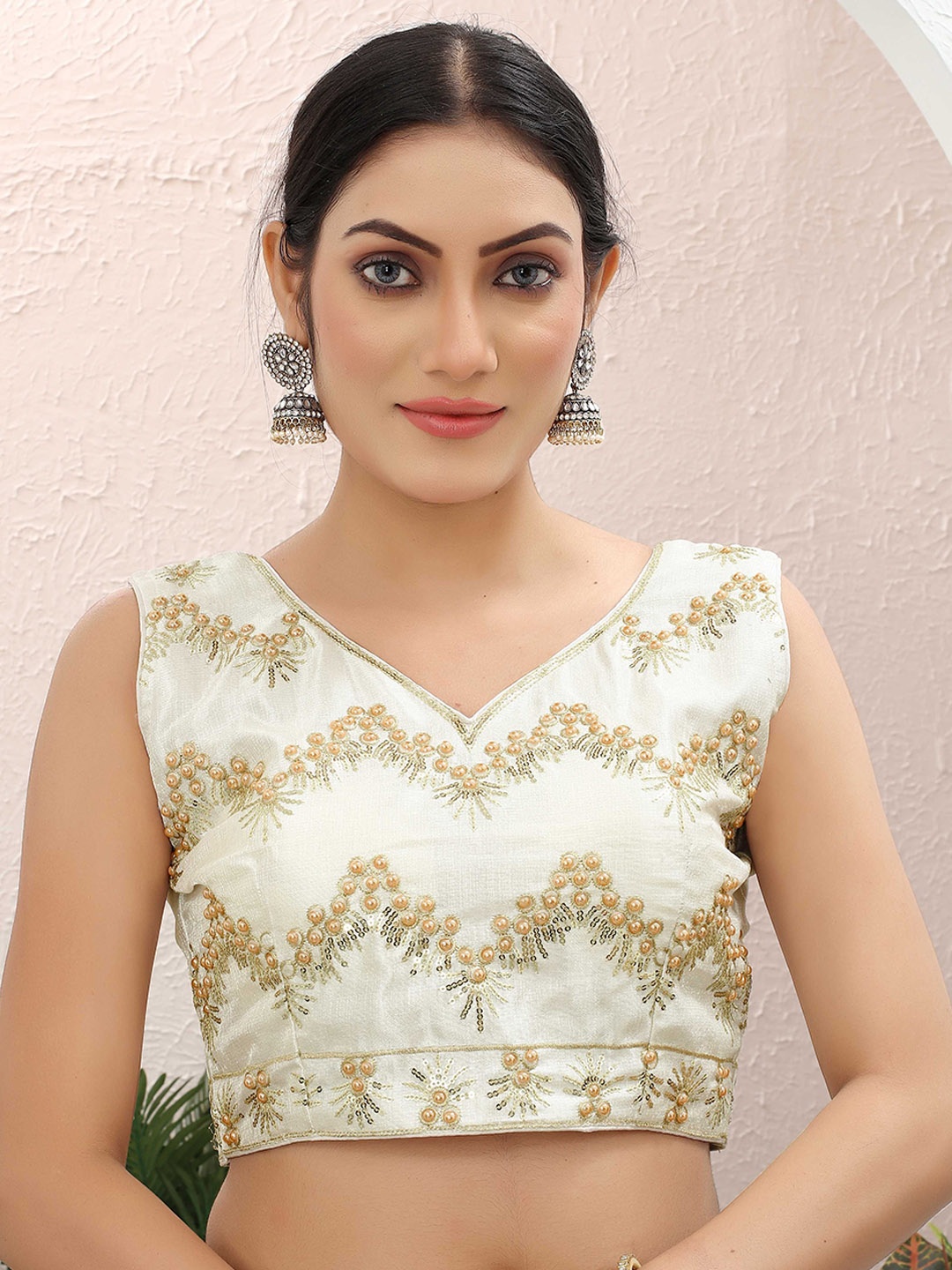 

Krimmple Women Embellished Beads & Stones Saree Blouse, Cream