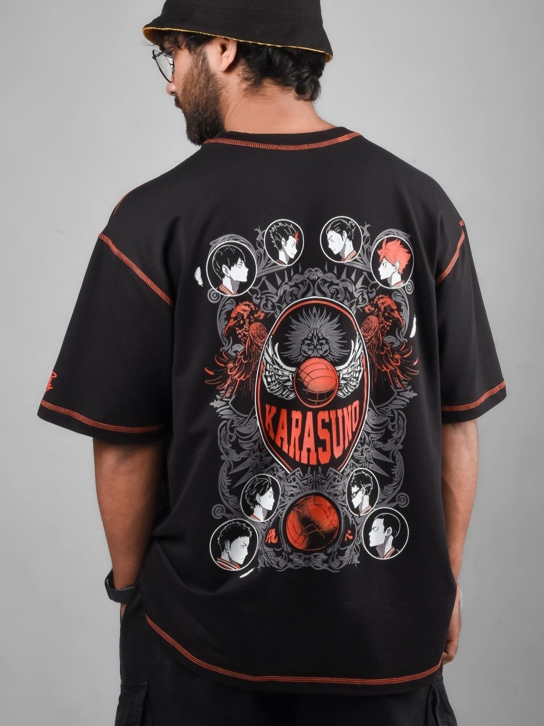 

COMICSENSE Haikyuu Anime Karasuno Wingless Crows Printed Drop Shoulder Oversize T-shirt, Black