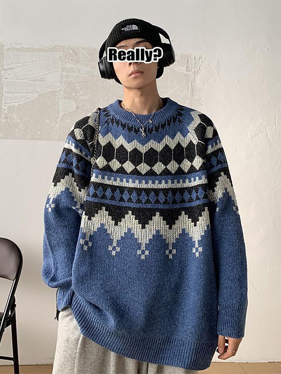 

StyleCast x Revolte Men Cable Knit Pullover, Blue