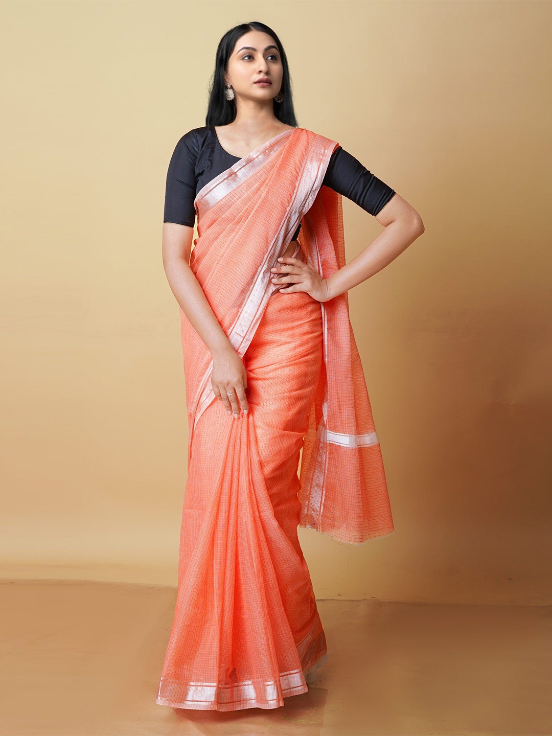 

Unnati Silks Checked Zari Pure Cotton Handloom Kota Saree, Orange