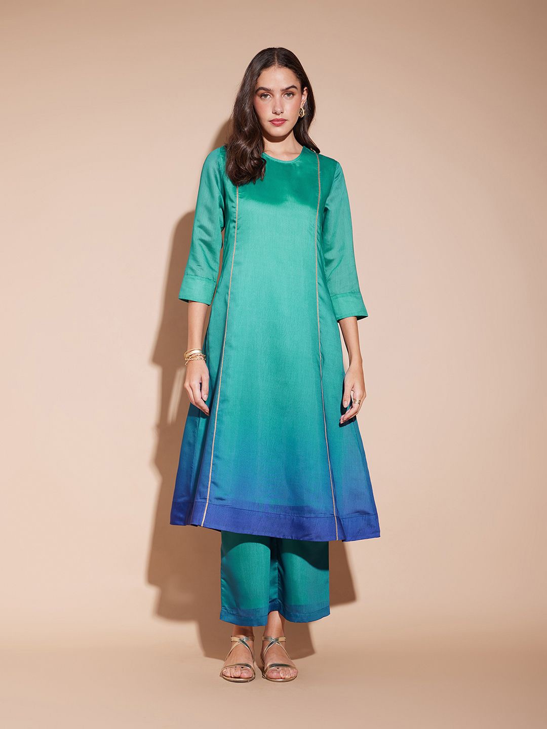 

Pink Fort Colourblocked A-Line Panelled Kurta with Palazzos, Blue