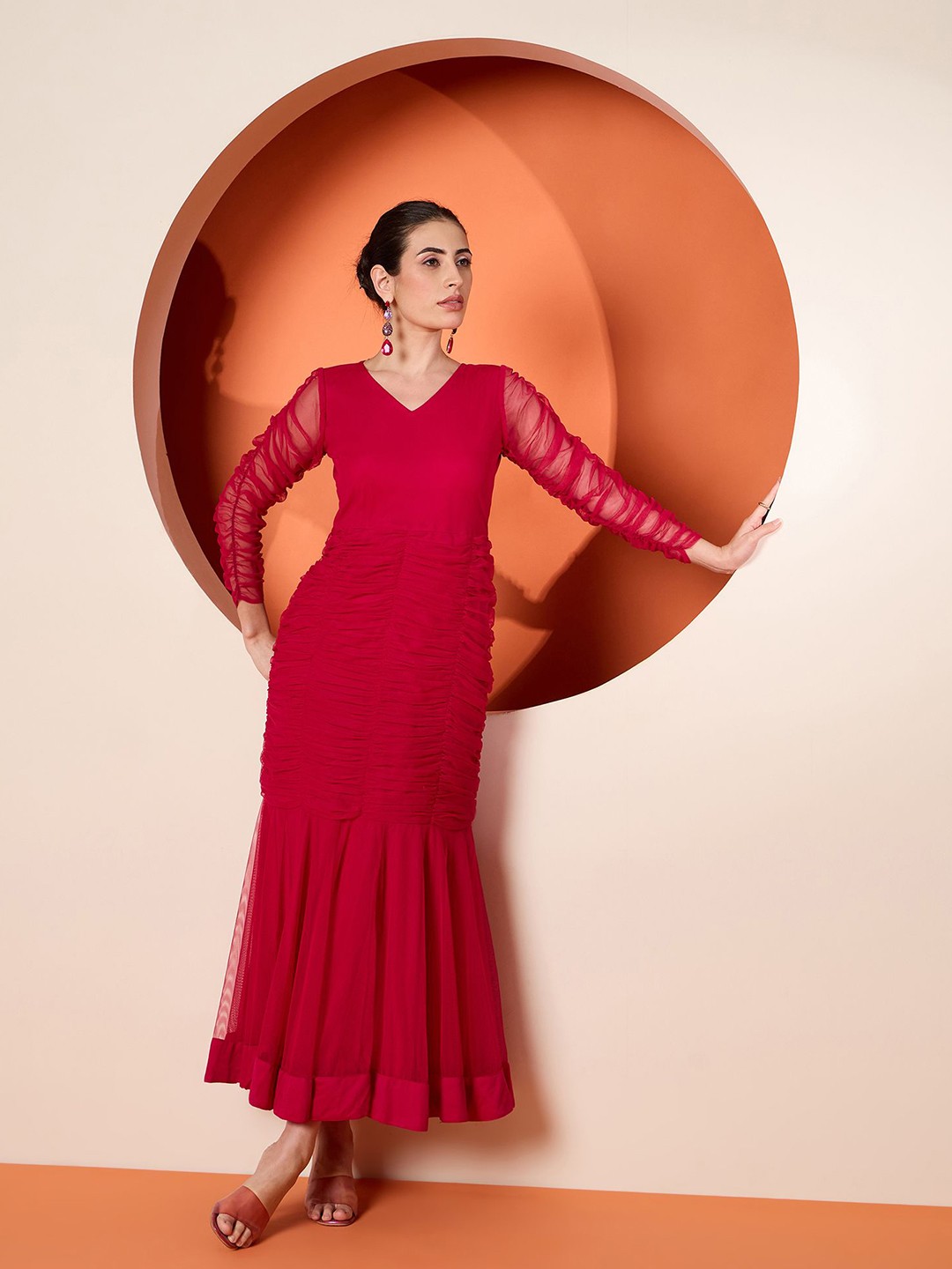 

Antheaa Women V-Neck Self Design Maxi Dress, Red
