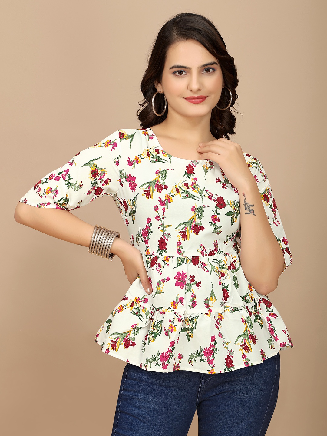 

BAESD Women Floral Printed Round Neck Top, White