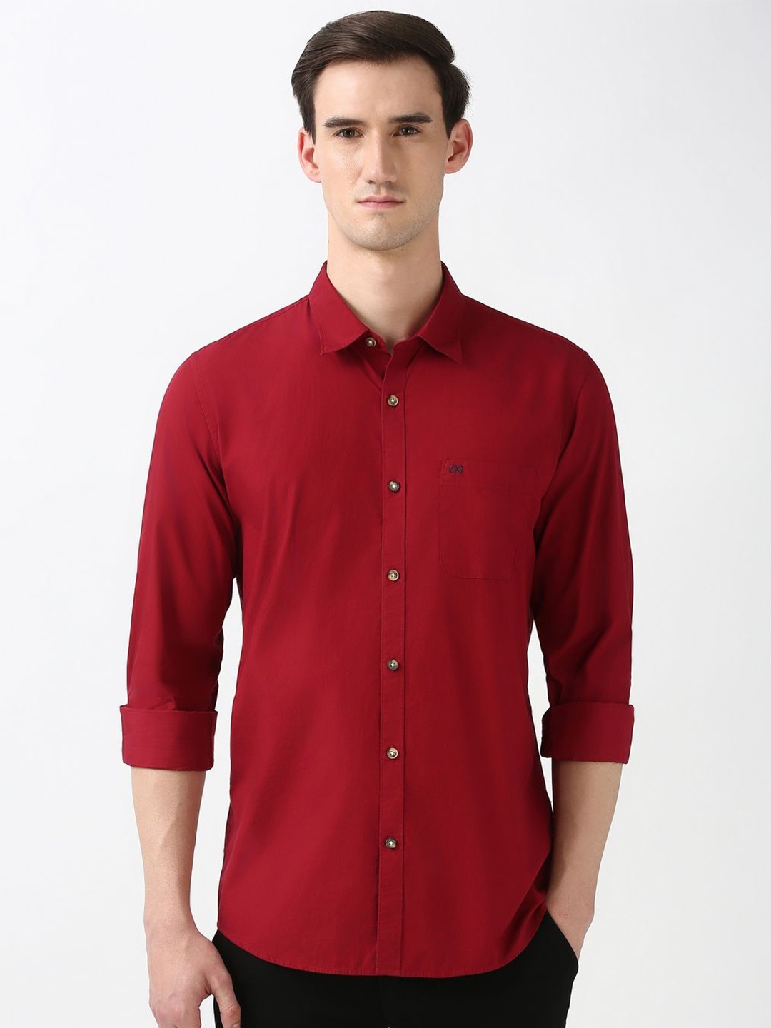 

Peter England Casuals Men Spread Collar Solid Cotton Slim Fit Casual Shirt, Red
