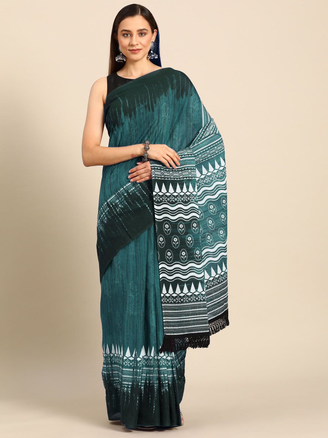 

BUTA BUTI Ethnic Motifs Printed Pure Cotton Saree, Sea green