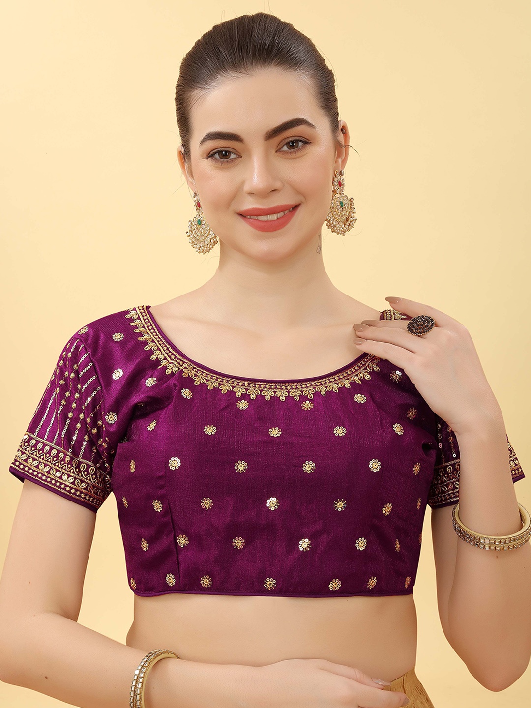 

Krimmple Embroidered Saree Blouse, Purple
