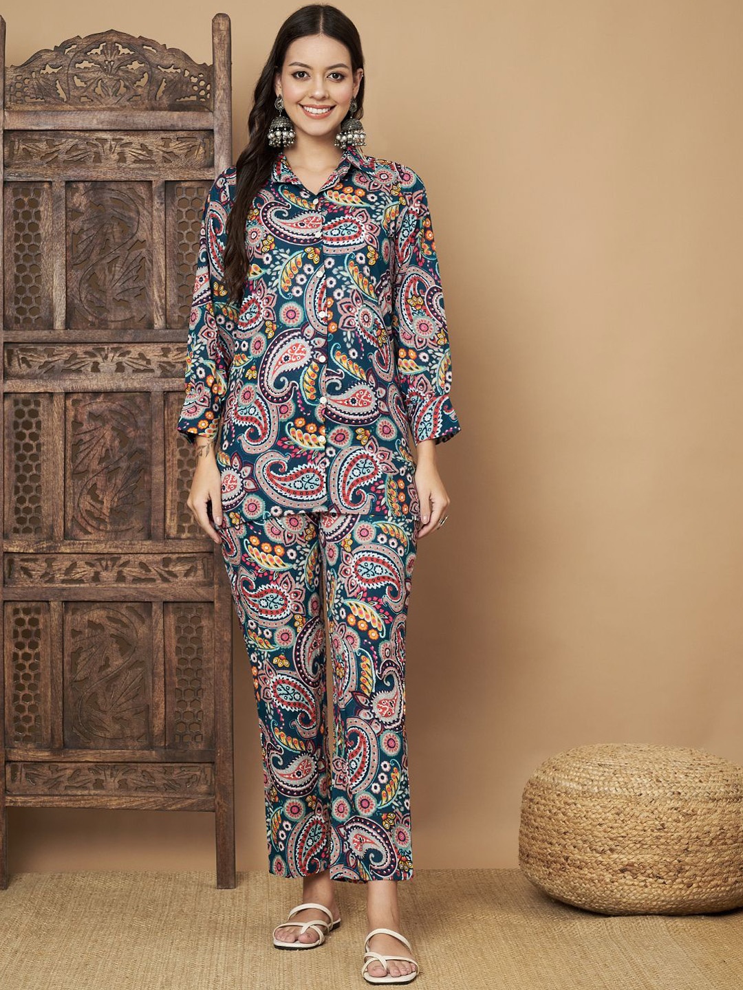 

KALINI Paisley Printed Pure Cotton Shirt With Trousers, Blue