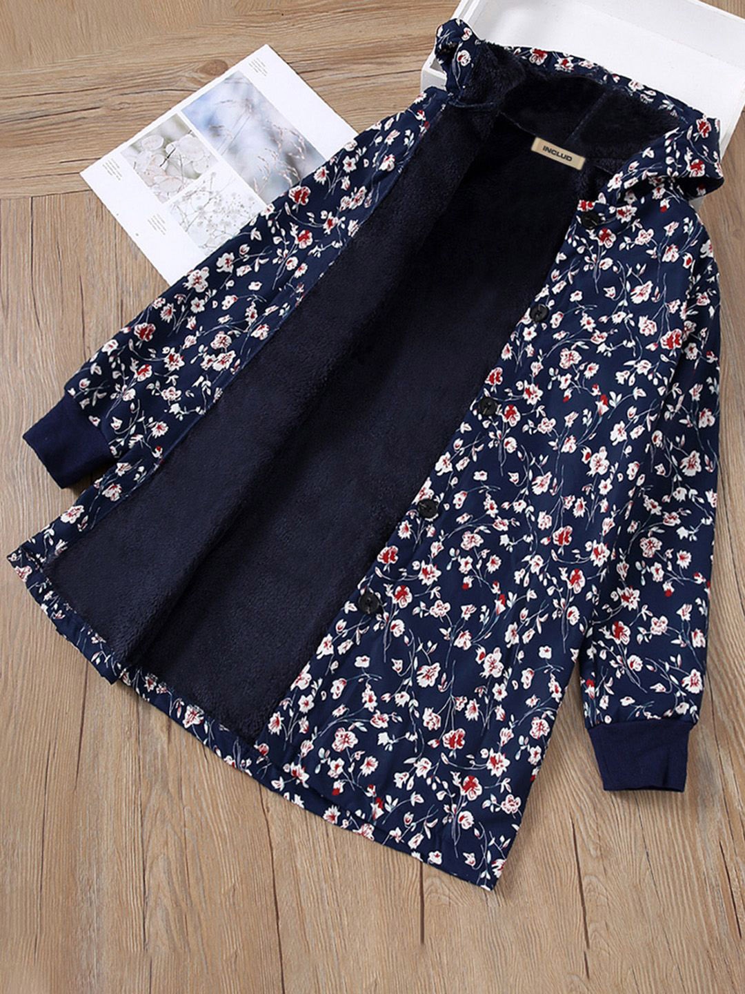 

INCLUD Girls Floral Printed Hooded Tailored Jacket, Navy blue