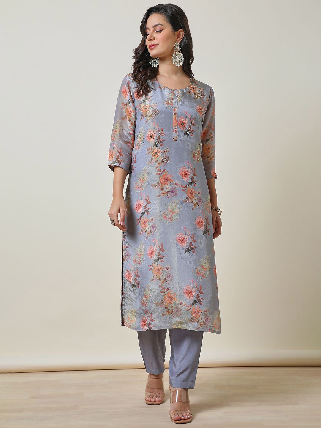 

Soch Blue Floral Printed Beads and Stones Straight Kurta With Trousers