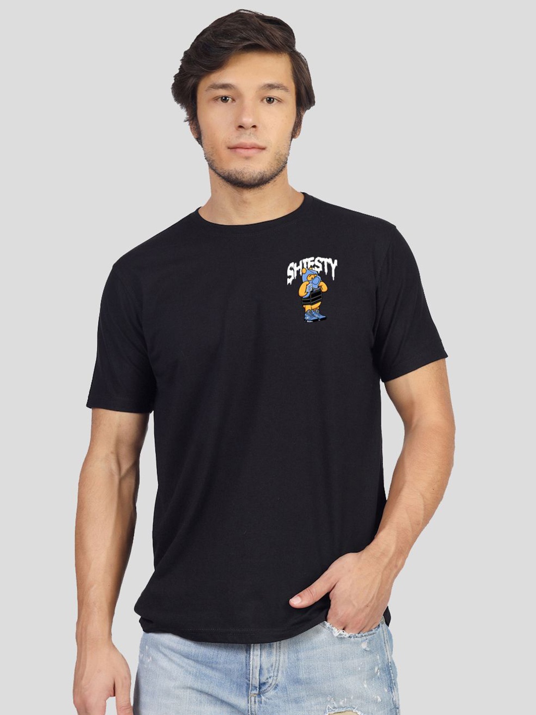 

Greylongg Men Typography Printed Round Neck Cotton T-shirt, Black