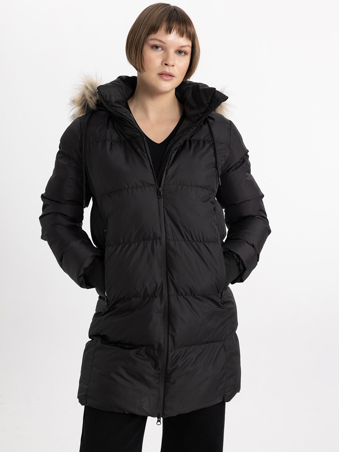 

DeFacto Women Hooded Faux Fur Trim Longline Puffer Jacket, Black