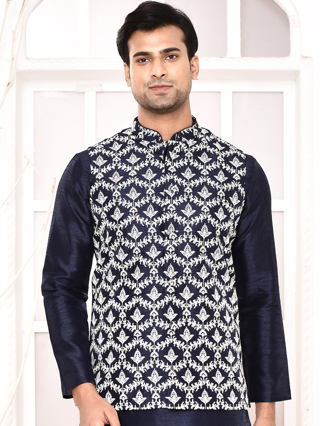 

MAAHI FABS Mandarin Collar Floral Thread Work Straight Kurta with Churidar & Nehru Jacket, Blue