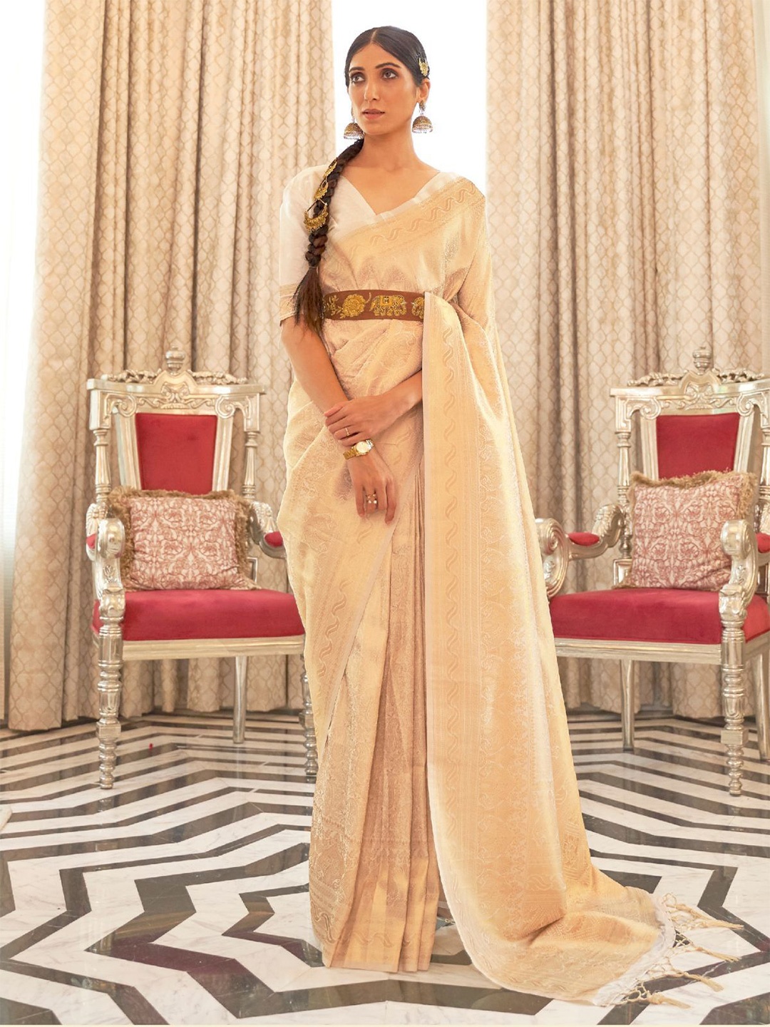 

ODETTE Woven Design Zari Saree, Cream