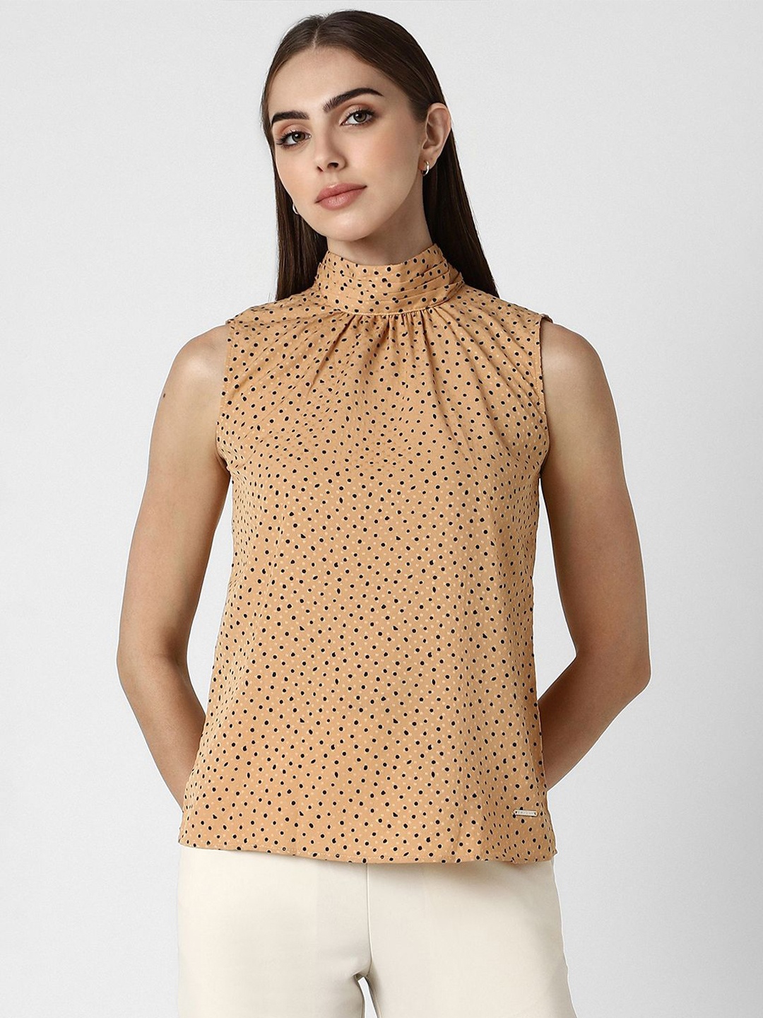

Van Heusen Woman Polka Dots Printed High Neck Top, Beige