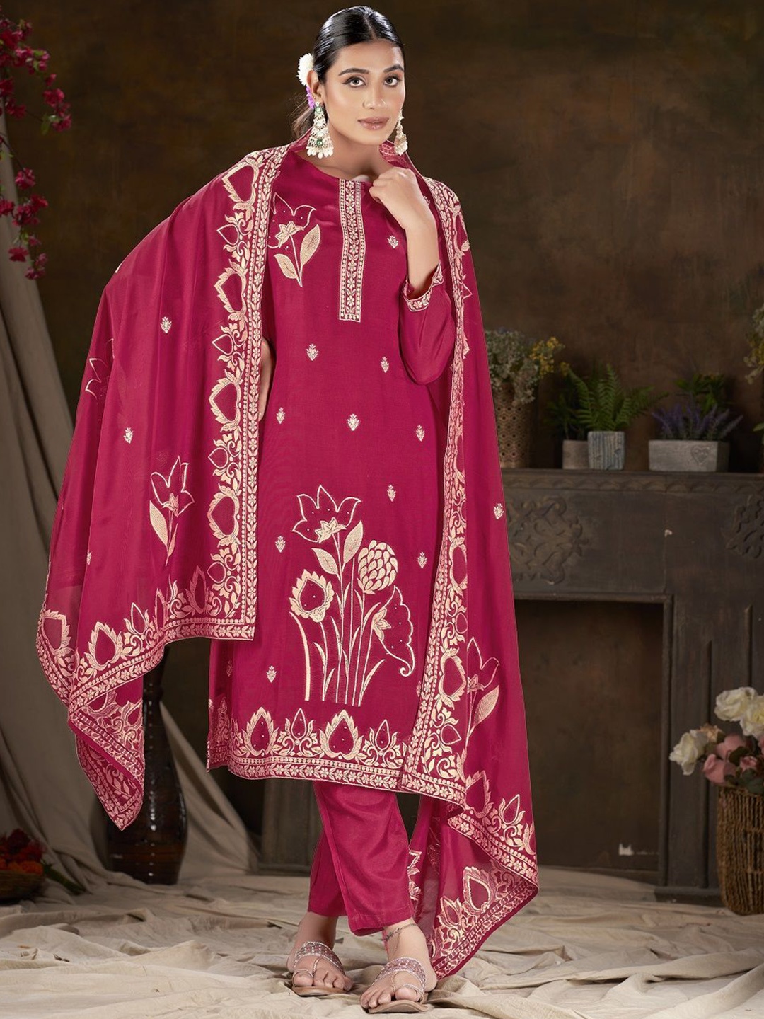 

JIVORA Floral Woven Design Round Neck Straight Kurta with Trouser and Dupatta, Pink