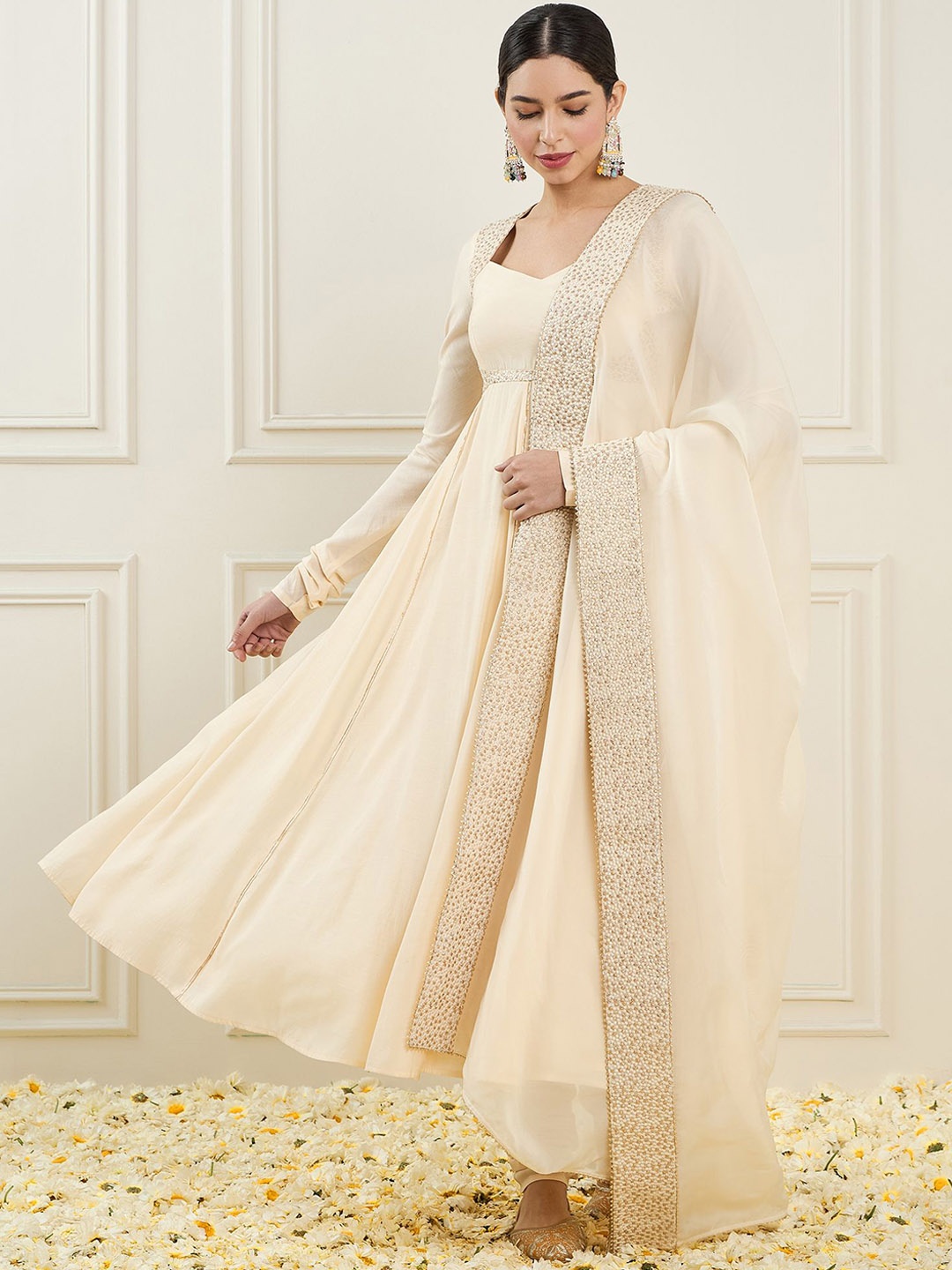 

ADORNIA Thread Work Chanderi Cotton Sweatheard Neck Kurta with Trouser & Dupatta, Cream