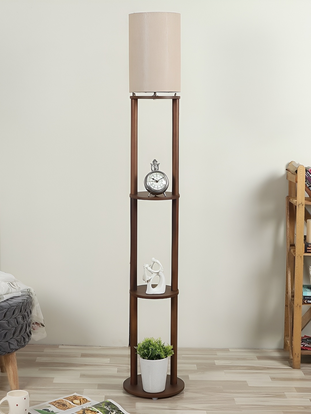 

pristine interiors Beige & Brown 3-Tired Wooden Shelf Floor Lamp