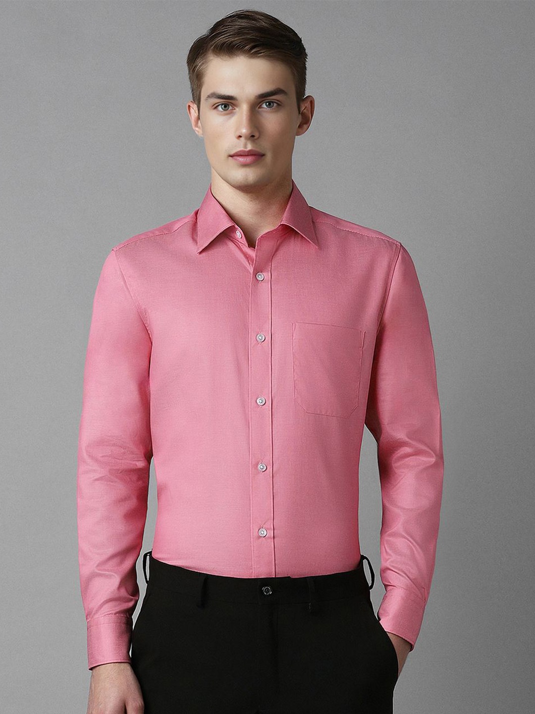 

Louis Philippe Men Classic Spread Collar Solid Cotton Formal Shirt, Pink