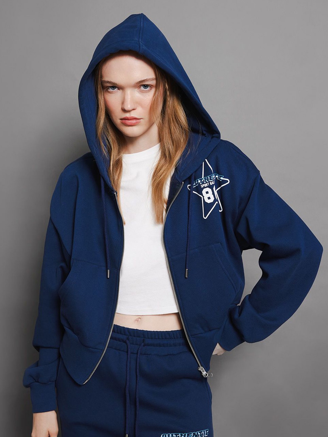 

DeFacto Women Printed Hooded Sweatshirt, Blue