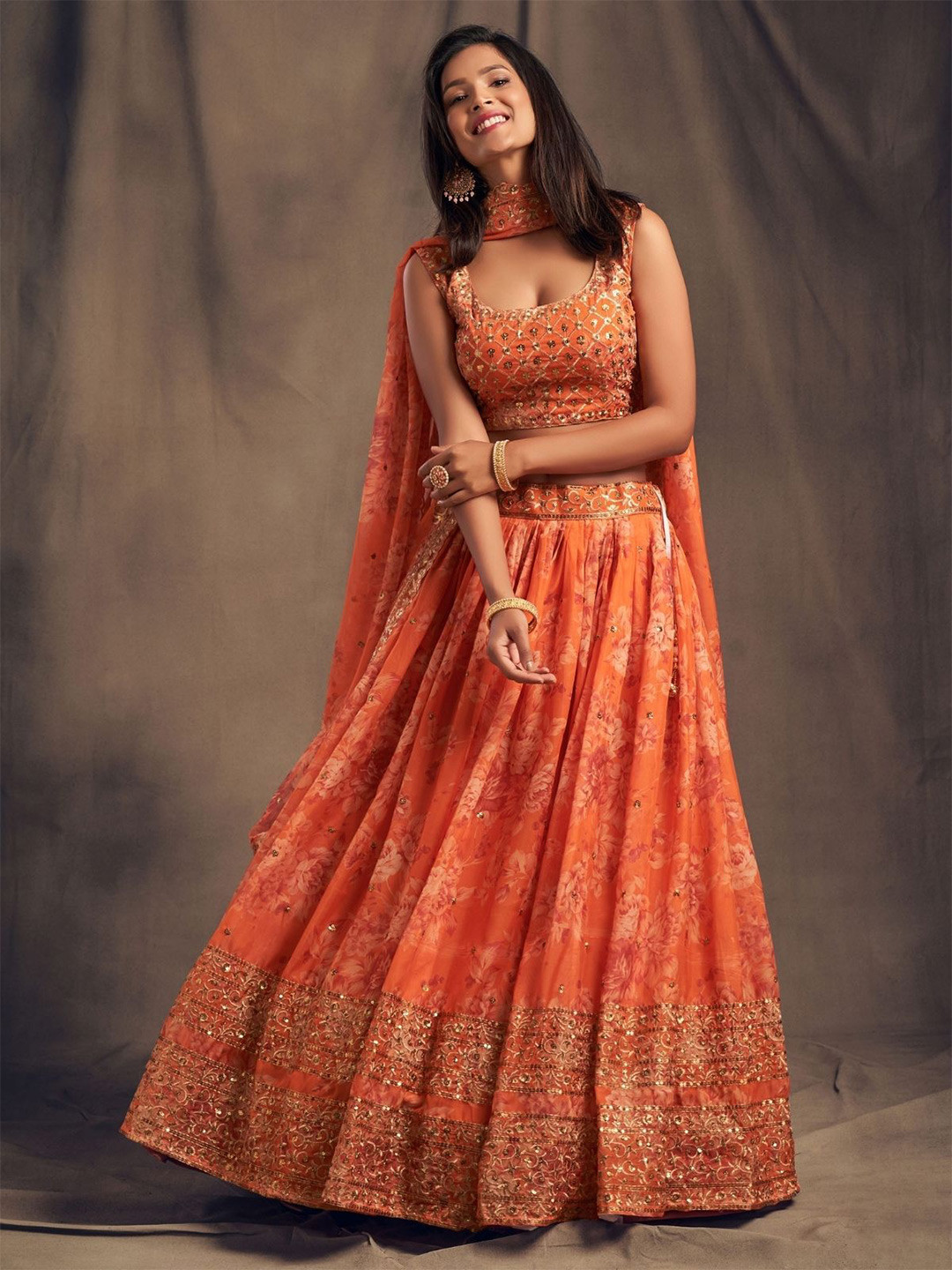 

ODETTE Floral Printed Sequinned Semi-Stitched Lehenga & Blouse With Dupatta, Orange