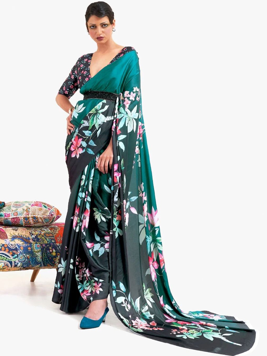 

DIVASTRI Satin Designer Saree, Teal