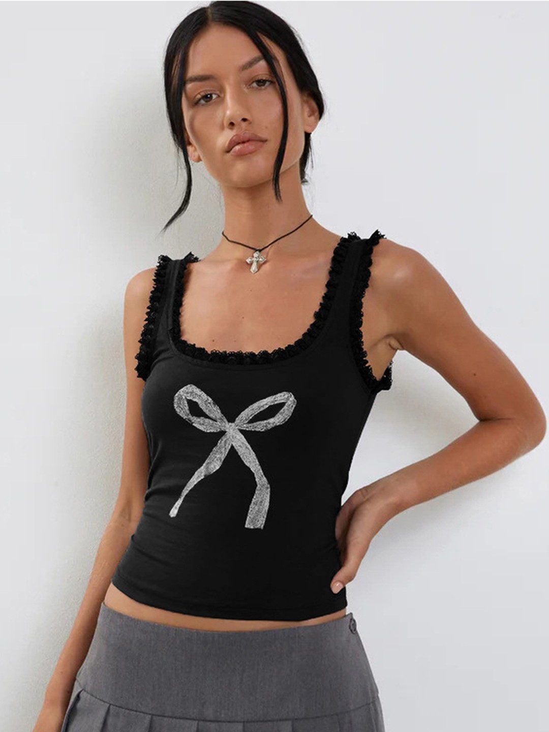 

LULU & SKY Women Graphic Printed Square Neck Top, Black
