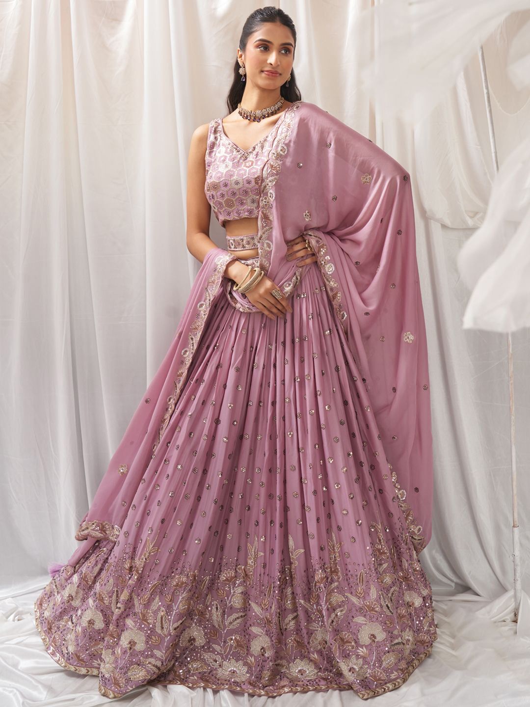 

panchhi Embroidered Sequinned Semi Stitched Lehenga & Unstitched Blouse With Dupatta, Lavender