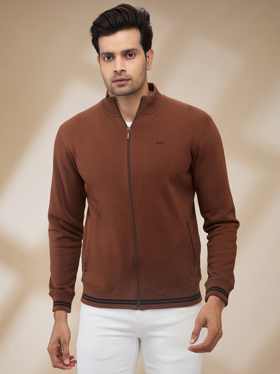 

ColorPlus Men Solid Front-Open Sweatshirt, Brown