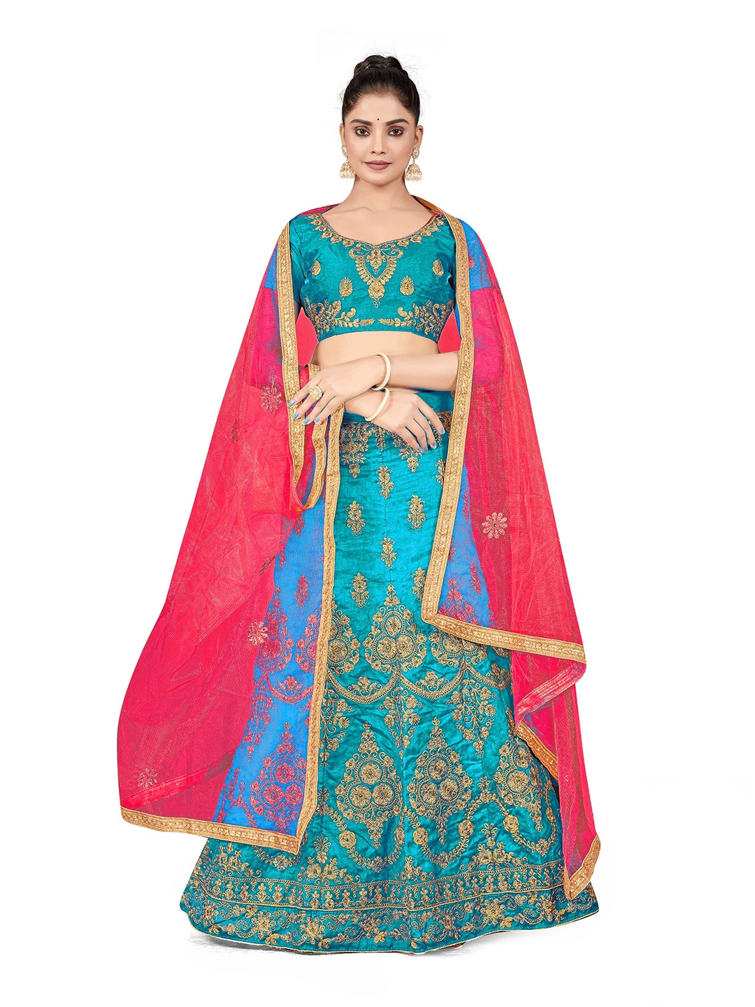 

Maroosh Embellished Thread Work Unstitched Lehenga & Blouse With Dupatta, Turquoise blue