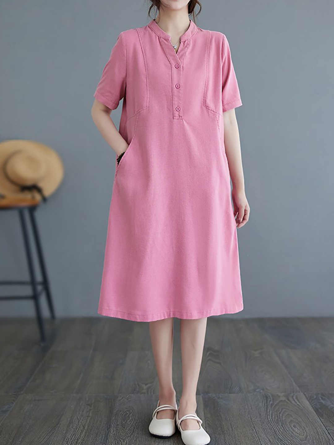 

StyleCast x Revolte Women Mandarin Collar Shirt Midi Dress, Pink