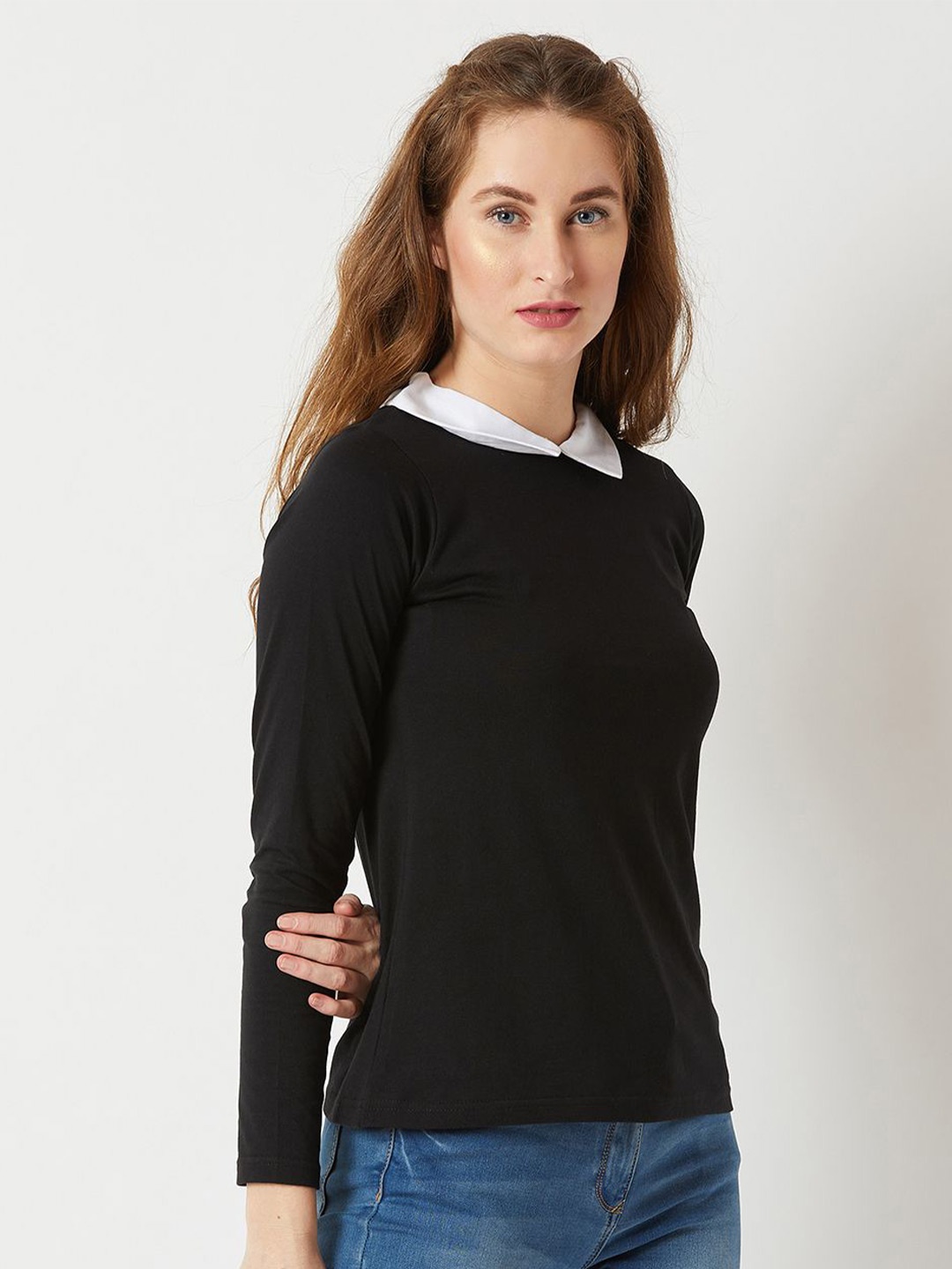 

BAESD Collared Round Neck Full Sleeve Cotton Solid Buttoned Top, Black