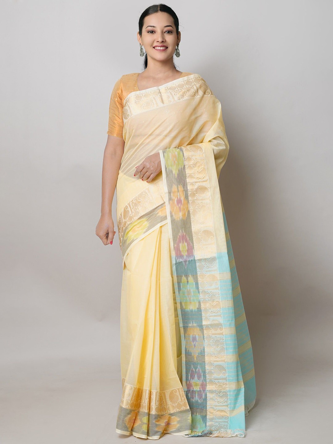 

Unnati Silks Zari Pure Cotton Handloom Narayan Peth Saree, Cream