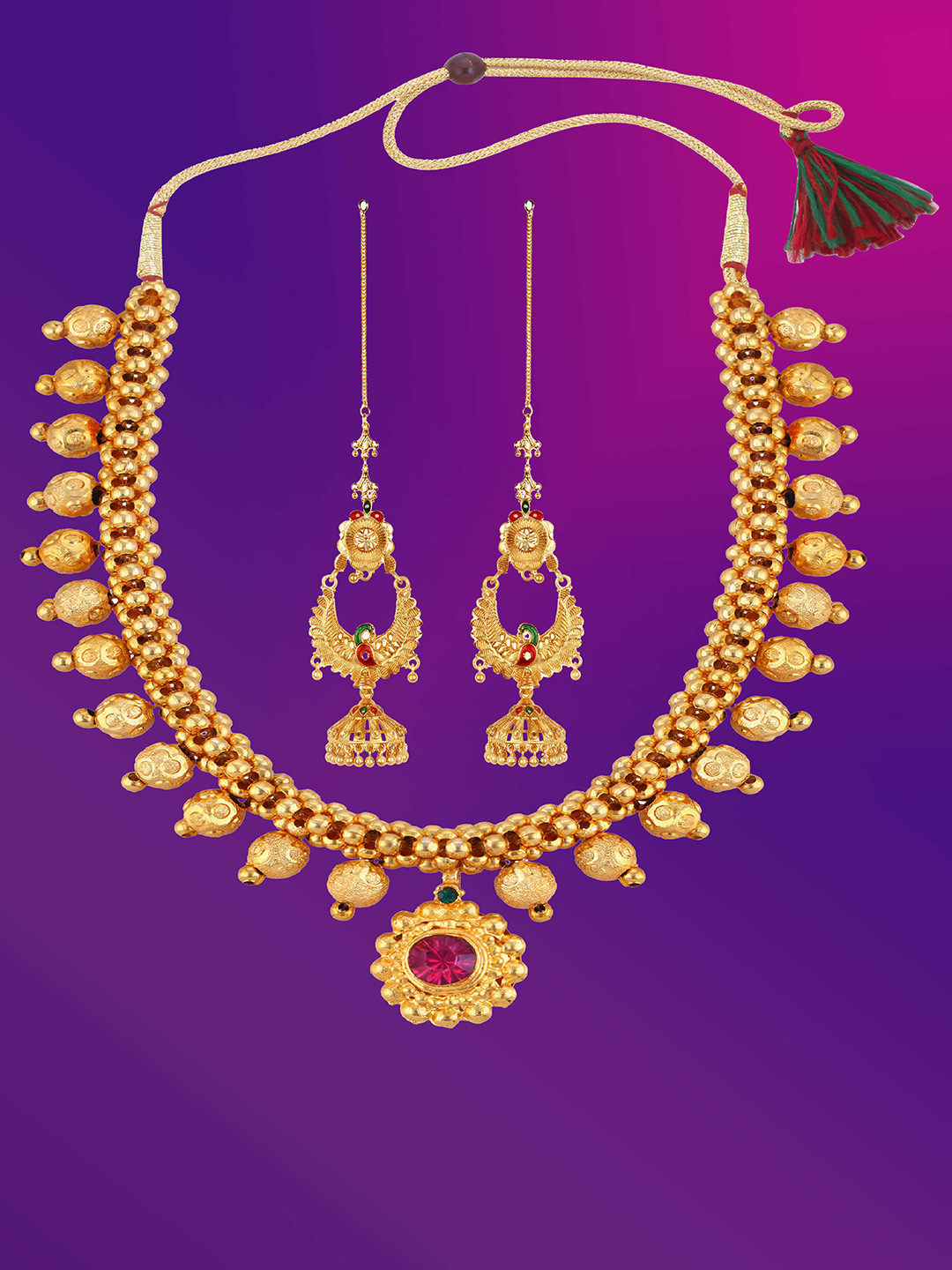 

Lila Gold Plated Stone Studded & Beadded Antique Jewellery Set
