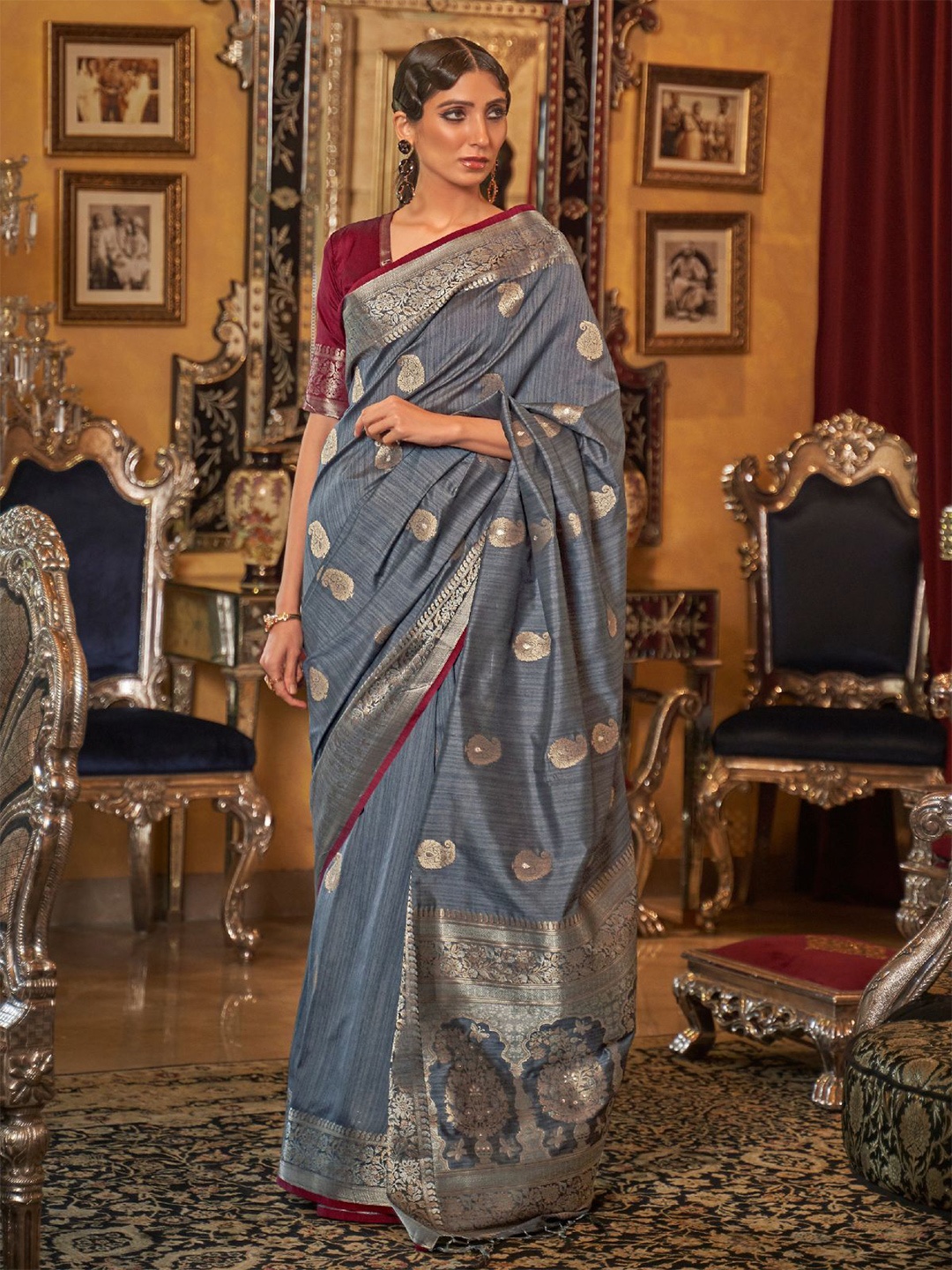 

ODETTE Woven Design Zari Saree, Grey