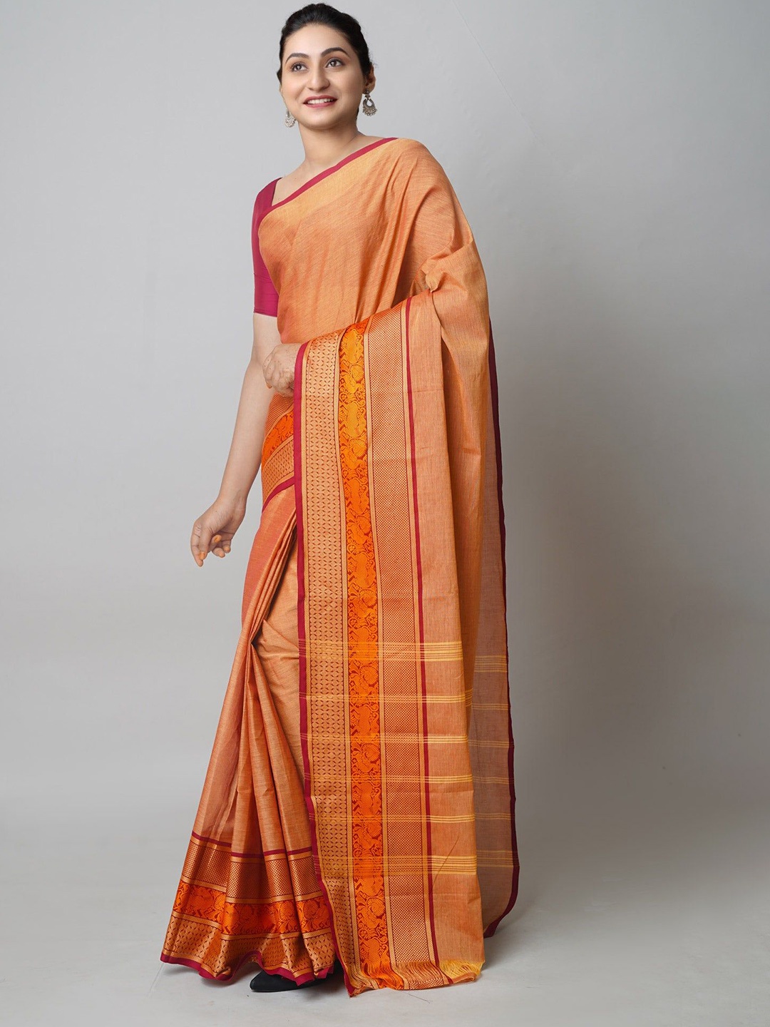 

Unnati Silks Zari Pure Cotton Handloom Chettinad Saree, Orange