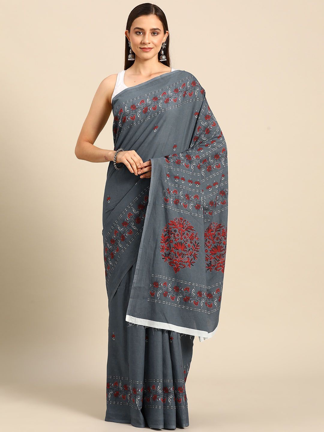 

BUTA BUTI Floral Printed Pure Cotton Saree, Grey