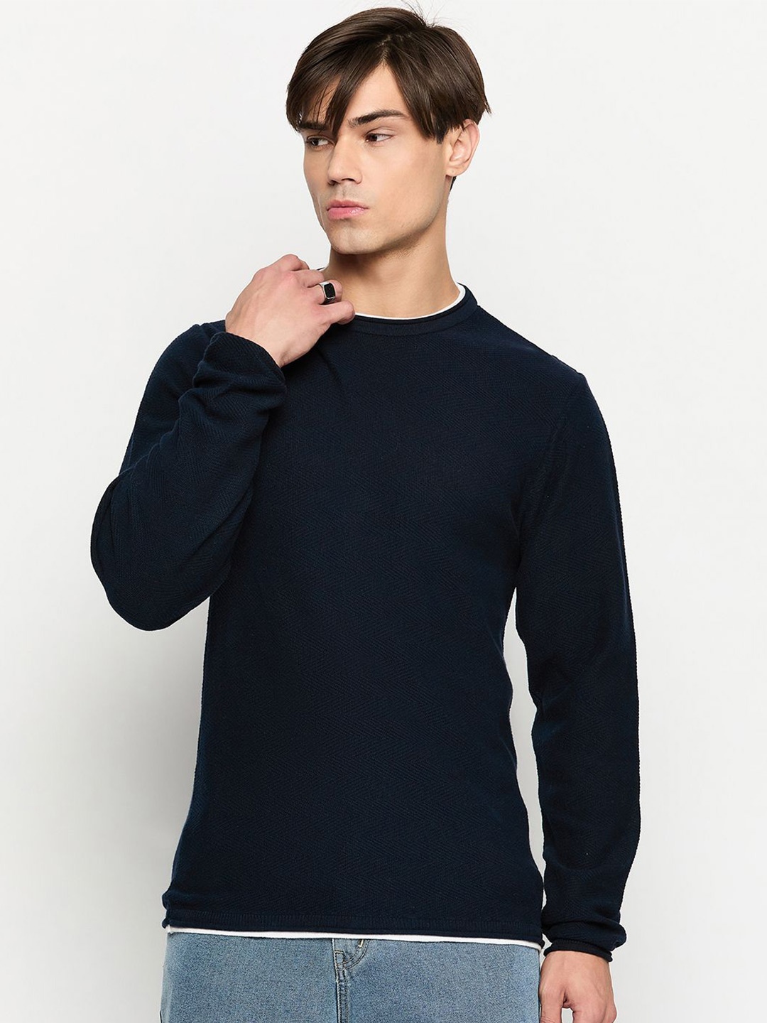 

GABBLE & WOLSH Men Ribbed Pure Cotton Pullover, Navy blue