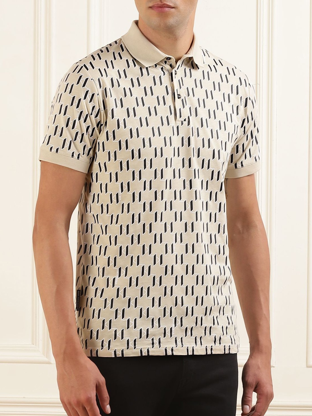 

Karl Lagerfeld Men Printed Polo Collar Cotton Slim Fit T-shirt, Beige