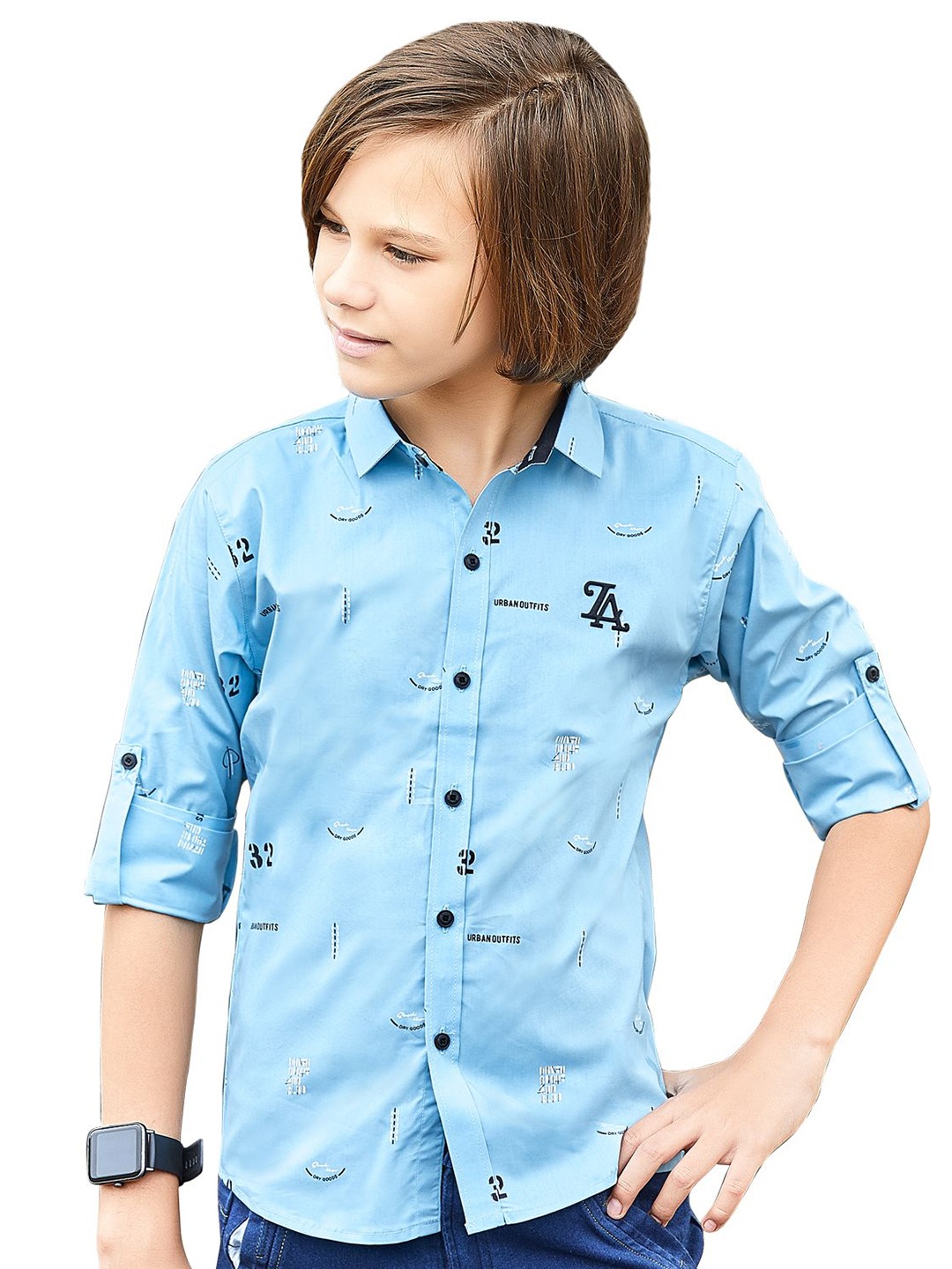 

MashUp Boys Classic Spread Collar Conversational Printed Cotton Casual Shirt, Blue