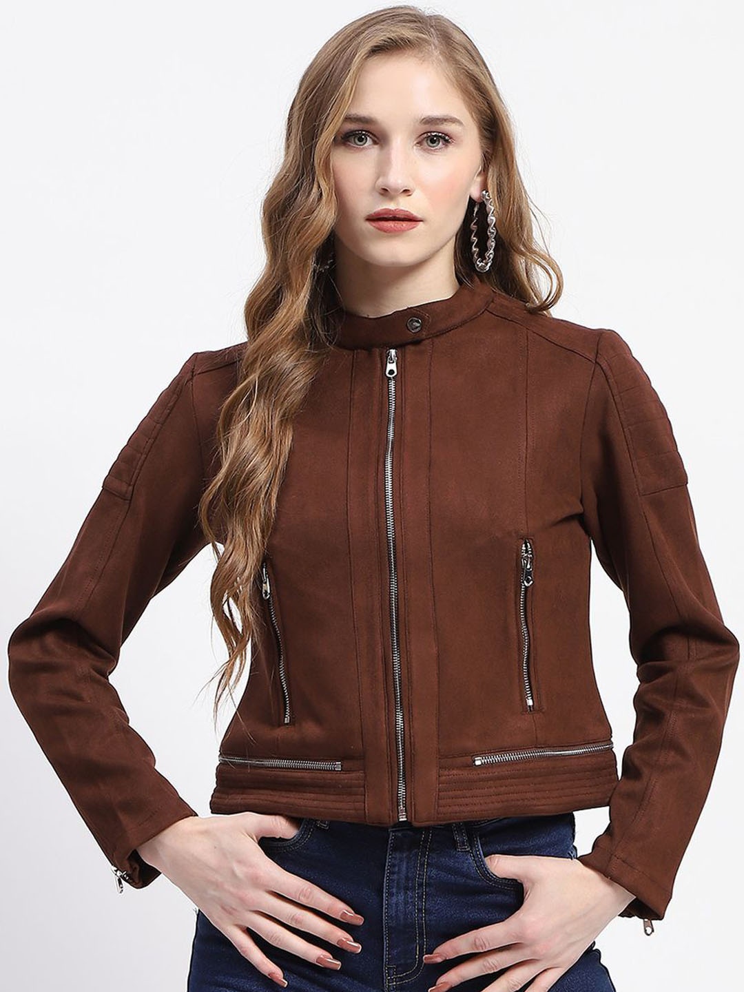 

Madame Women Mock Collar Zip Detail Crop Biker Jacket, Brown