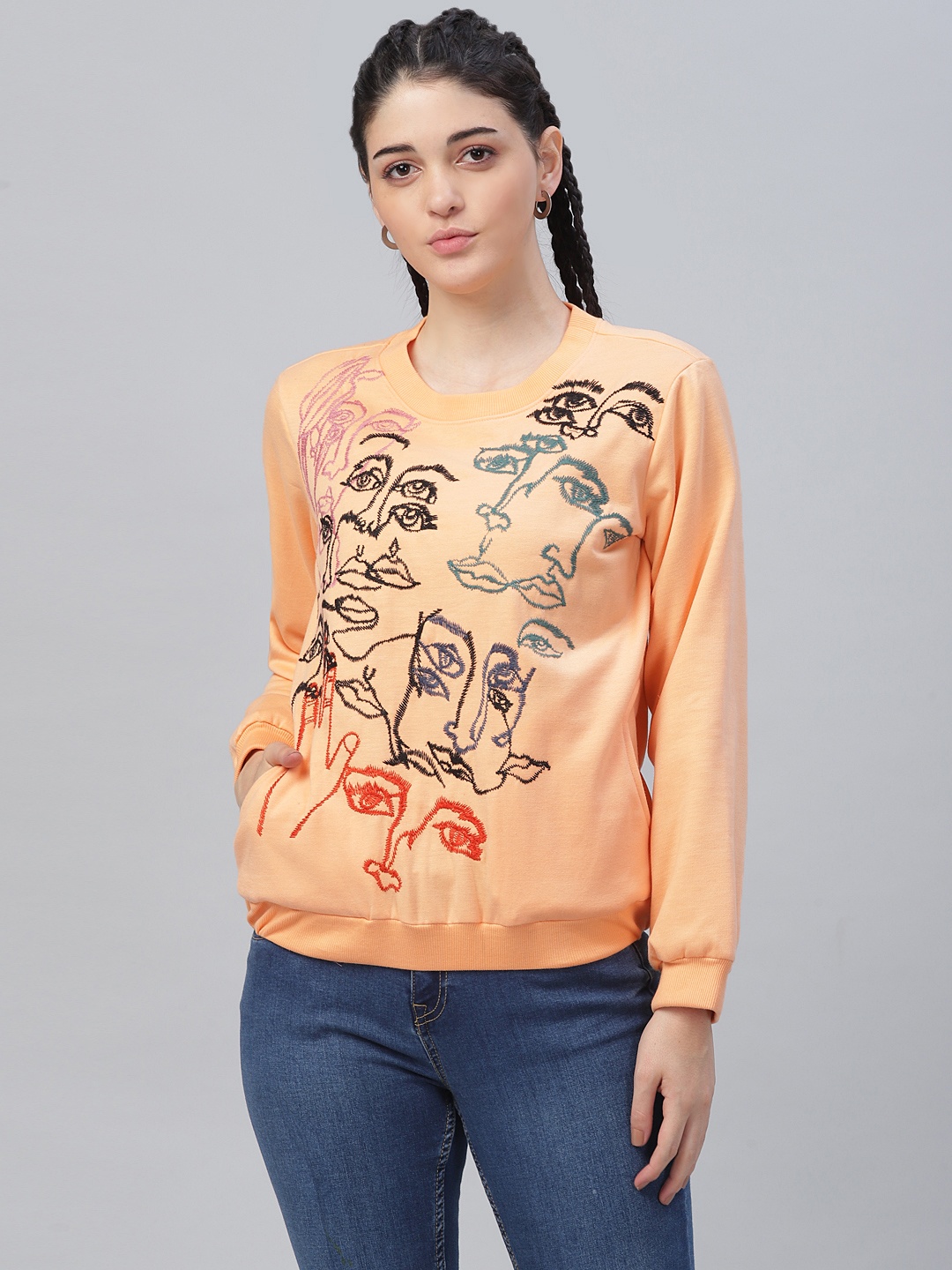 

Athena Women Front Face Graphic Embroidered Sweatshirt, Orange