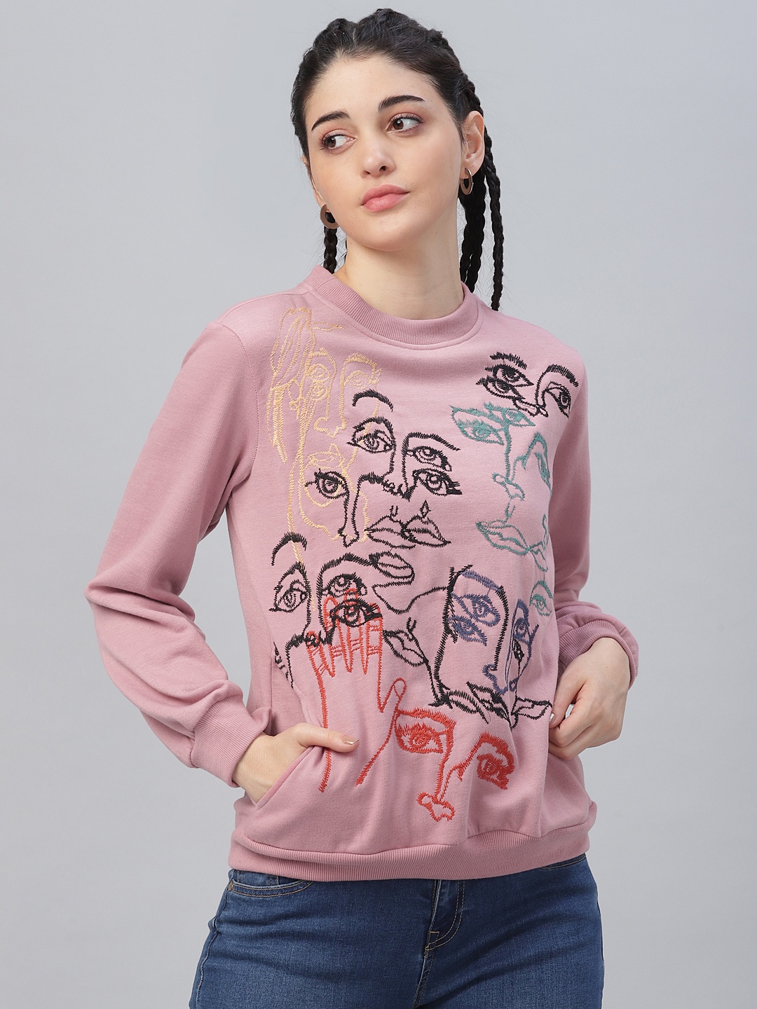 

Athena Women Front Face Graphic Embroidered Sweatshirt, Nude