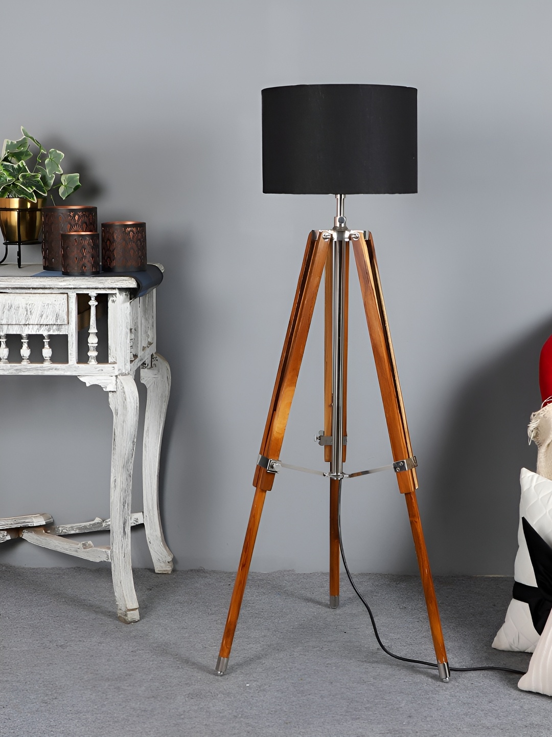 

pristine interiors Beige & Black Wooden Telescopic Tripod Floor Lamp
