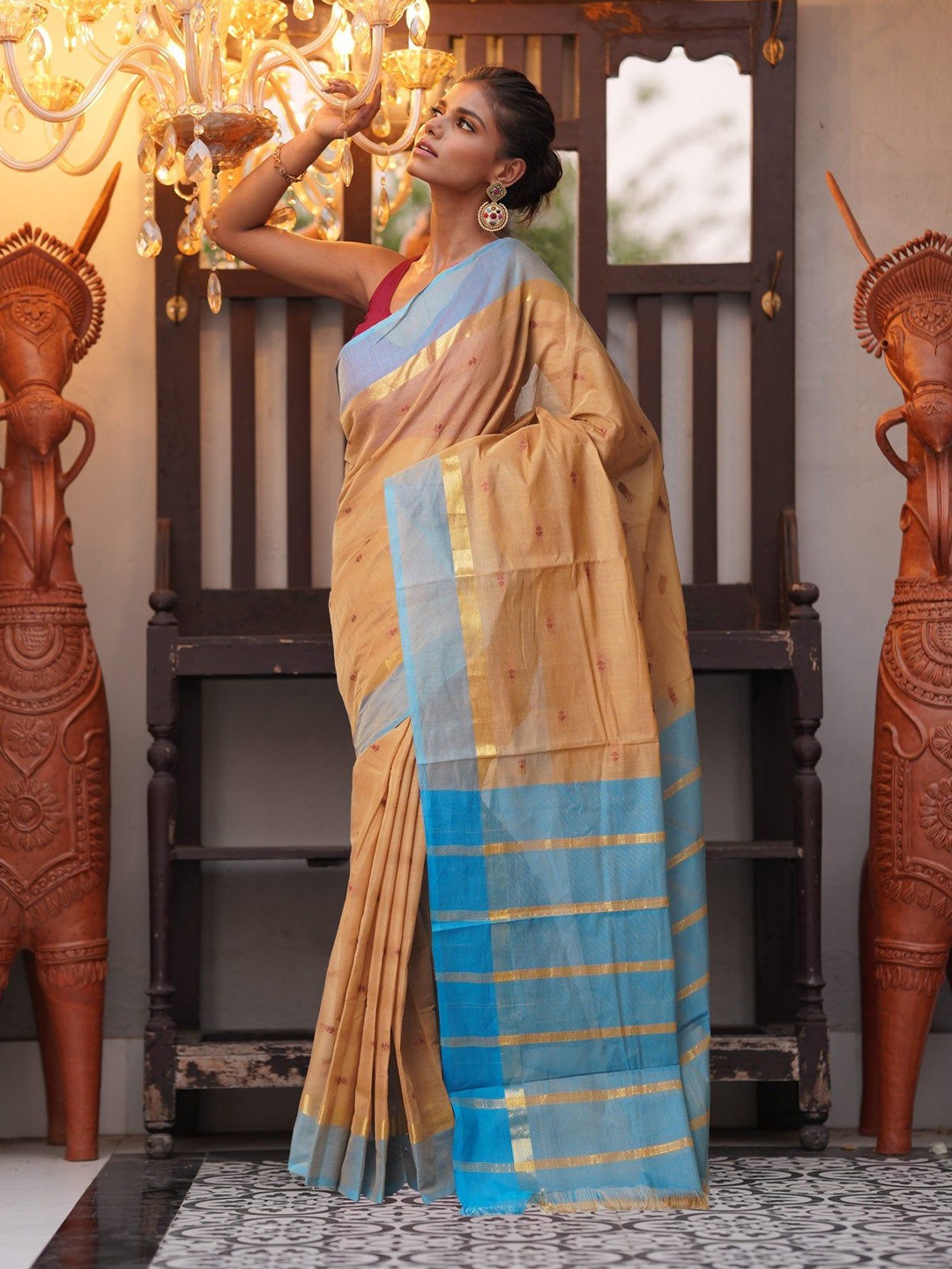 

Unnati Silks Woven Design Zari Pure Cotton Handloom Mangalagiri Saree, Brown