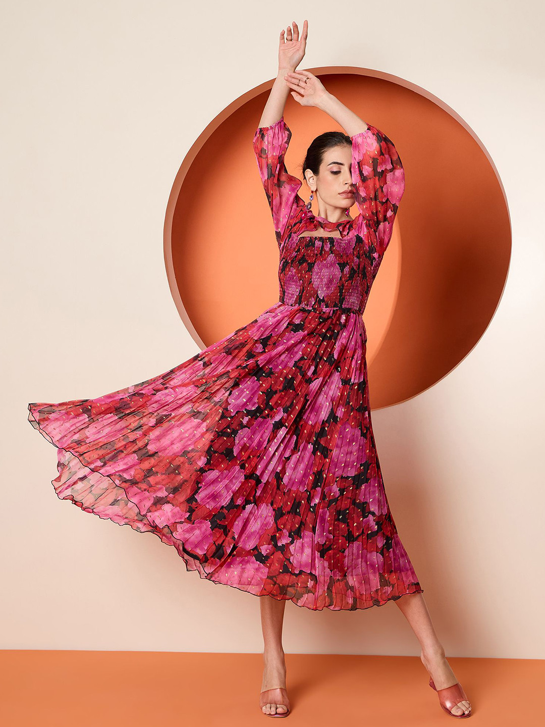

Antheaa Women Floral Printed pleated Fit & Flare Midi Dress, Pink