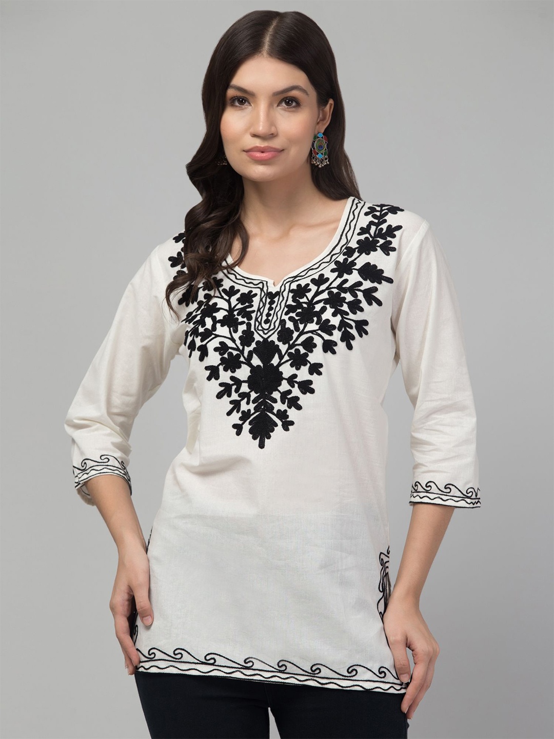 

FAMBEE Floral Embroidered Thread Work Pure Cotton Kurti, Off white