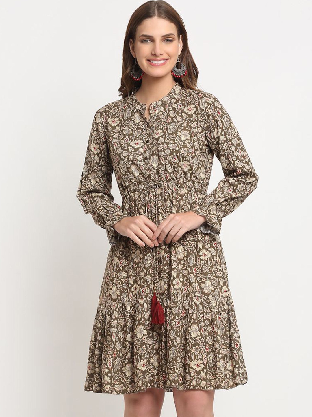 

KALINI Floral Printed Mandarin Collar A-Line Dress, Grey