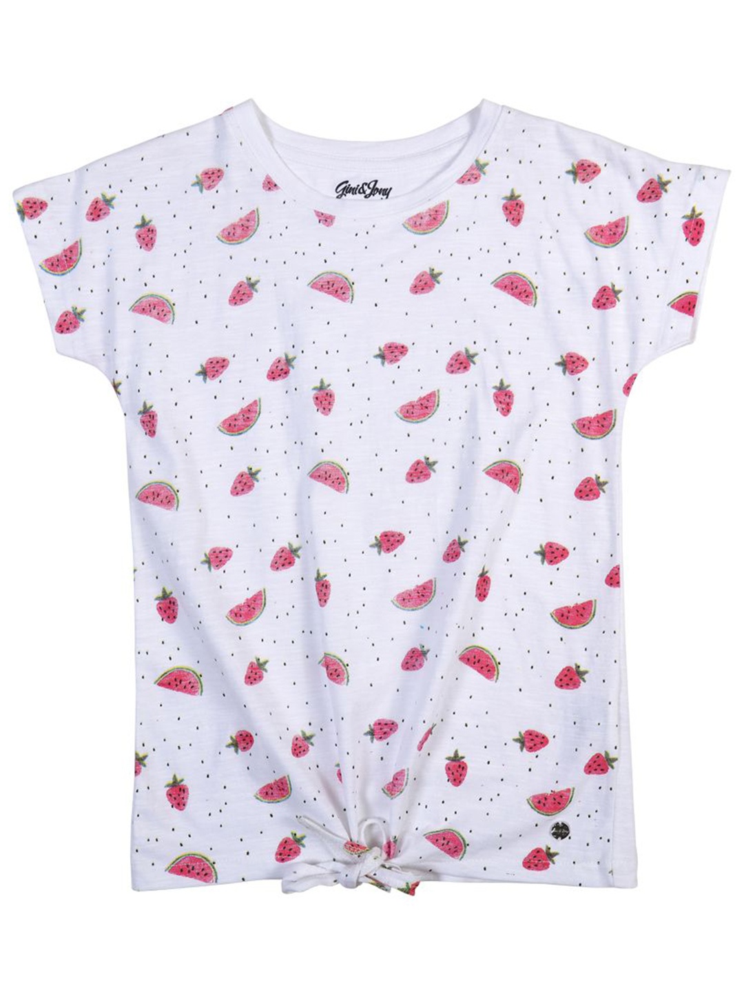 

Gini and Jony Girls Conversational Printed Round Neck Cotton Top, White
